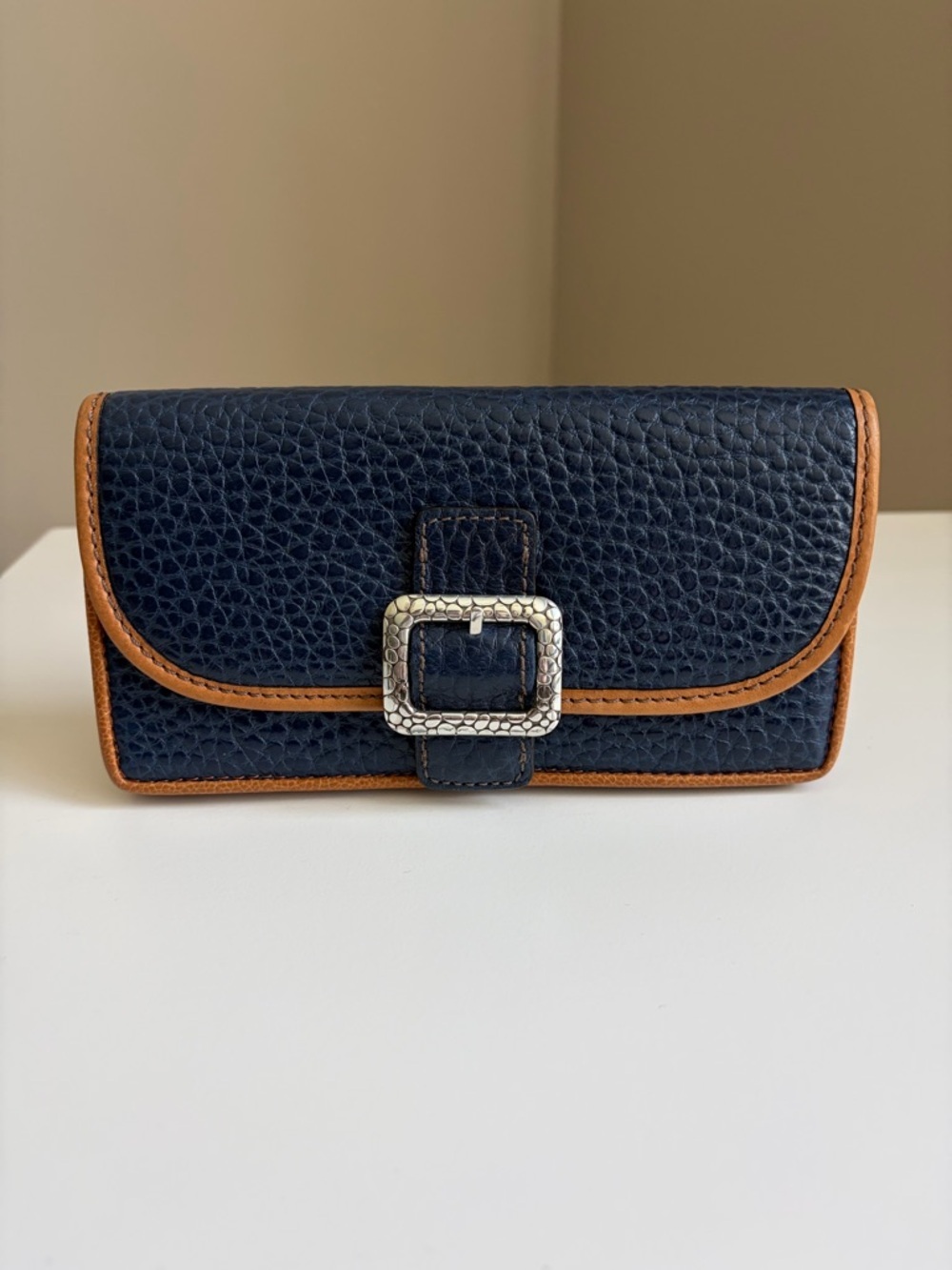 Brighton Navy Pebbled Wallet with Tan Trim and Silver Buckle